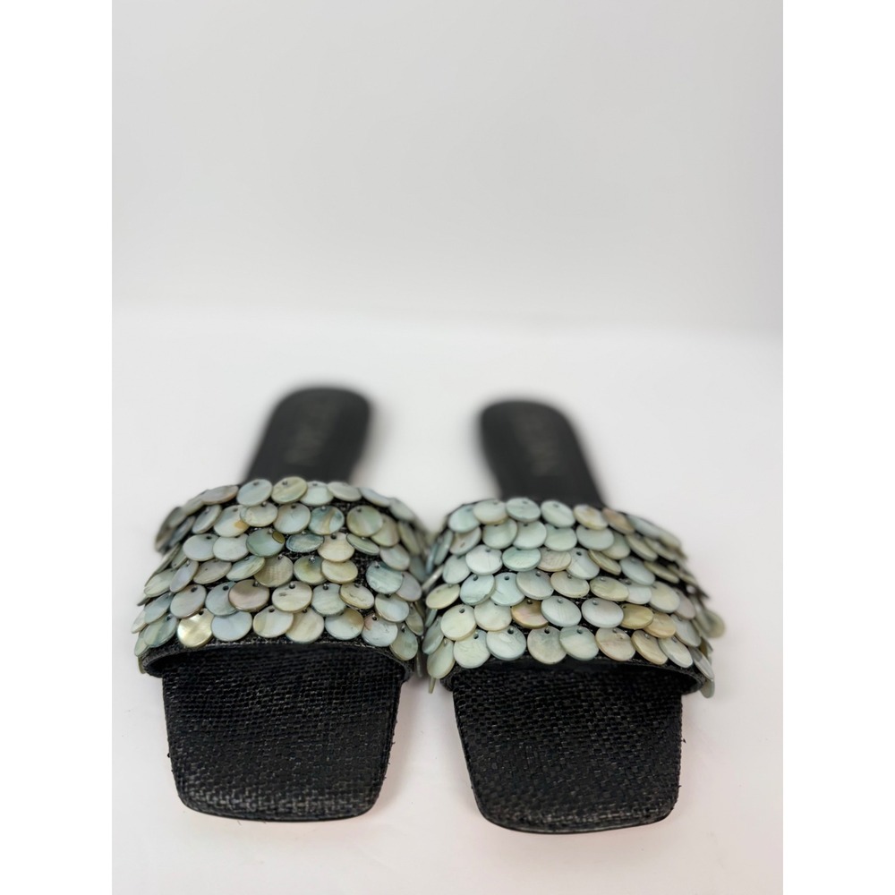 Deltan Leather Flora Linen Pearl Disc Ornamented‎ Flat Slide Sandals Sz 6.5